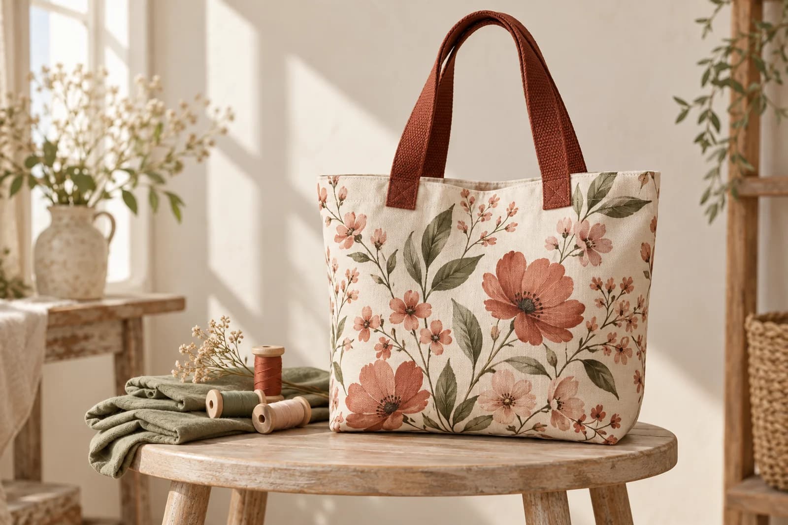 Illustrative floral canvas tote with rust handles in a sunlit sewing studio